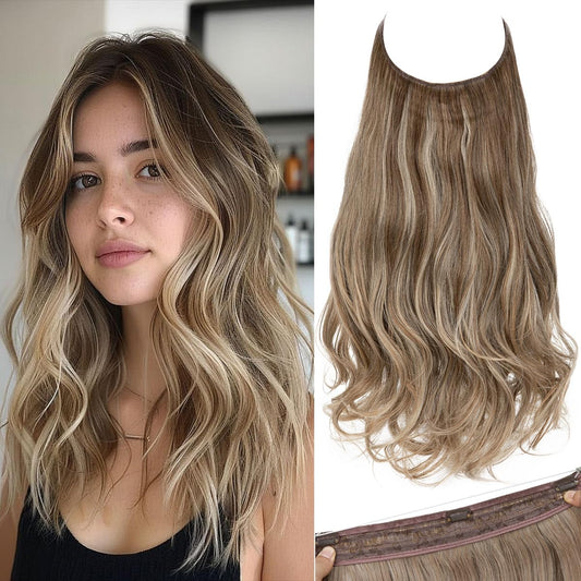 SARLA Invisible Wire Hair Extensions with 3 Clips Short Wavy Curly Synthetic Hairpiece for Women Adjustable Transparent Headband 14 Inch Dark Sand