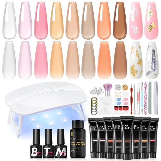 COSCELIA Poly Nail Gel Kit Starter Kit, 8 Colors Nude Pink Clear Poly Nail Extension Gel Kit with U V Light with Everything Matte Glossy Top Coat Nail Stickers Complete Manicure Kit for Women