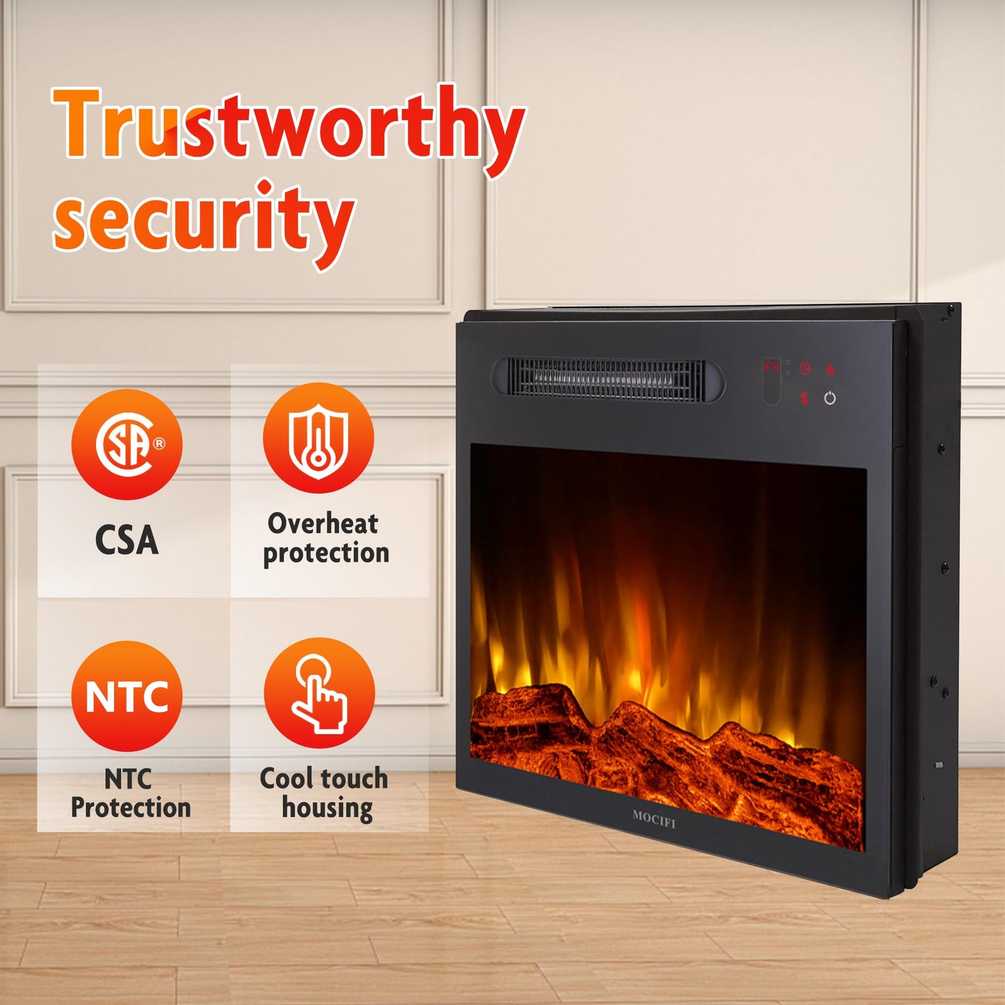 MOCIFI 18 inch Built-in Electric Fireplace Insert Heater, Recessed Freestanding Fireplace, Remote Control, Touch Screen, Adjustable Flame Brightness Speed, Low Noise, 1000W, Black