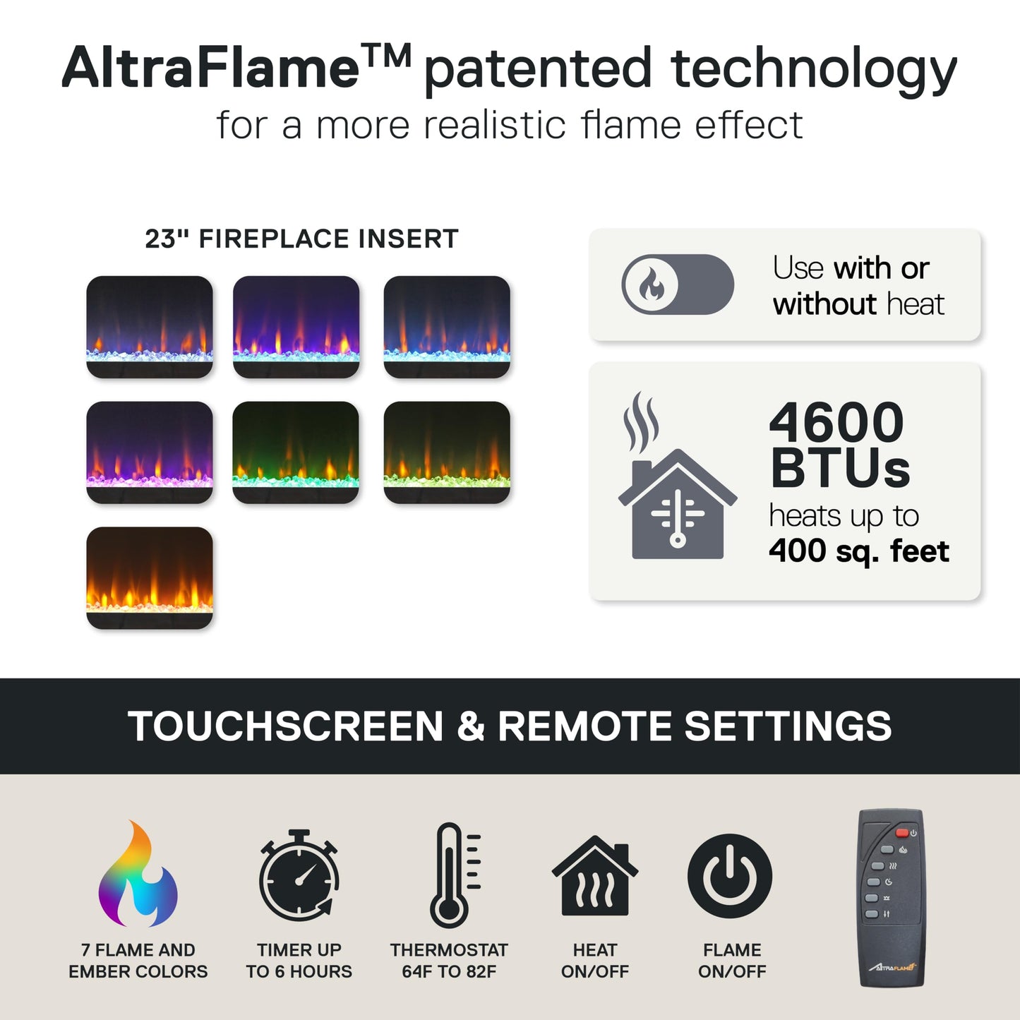 Ameriwood Home Lumina Fireplace TV Stand for TVs up to 70 Inch, Replaceable Electric Fireplace Insert Heater, Remote Control, Timer, Color Changing LED Lights, Crystal Ember Flames, White