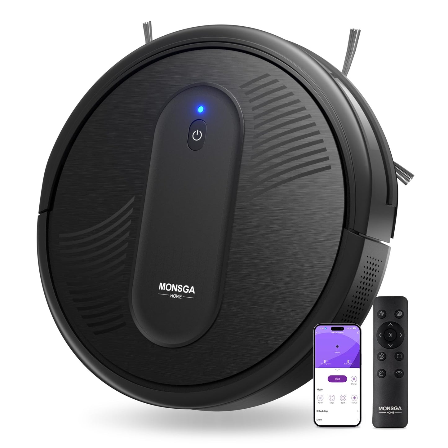 MONSGA Robot Vacuum Cleaner, 3000Pa Powerful Suction Robotic Vacuum, 3.2" Super-Slim, 140Min Runtime, Vacuum Robot for Hard Floor/Low Pile Carpet/Pet Hair, Remote/App/Voice Control, Schedule Clean