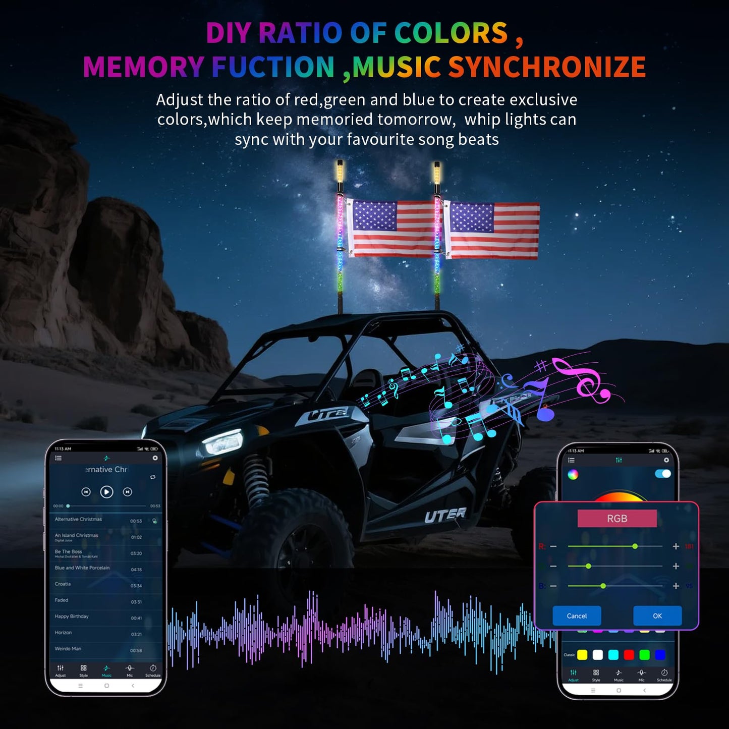 2PCS 3FT LED Whip Light and Blare Flash Light Kit with Spring Base, Spiral RGB Chase and Music Lights Whips with Rocker Switch, App & Remote Control, for UTV ATV RZR SXS Can-Am Polaris