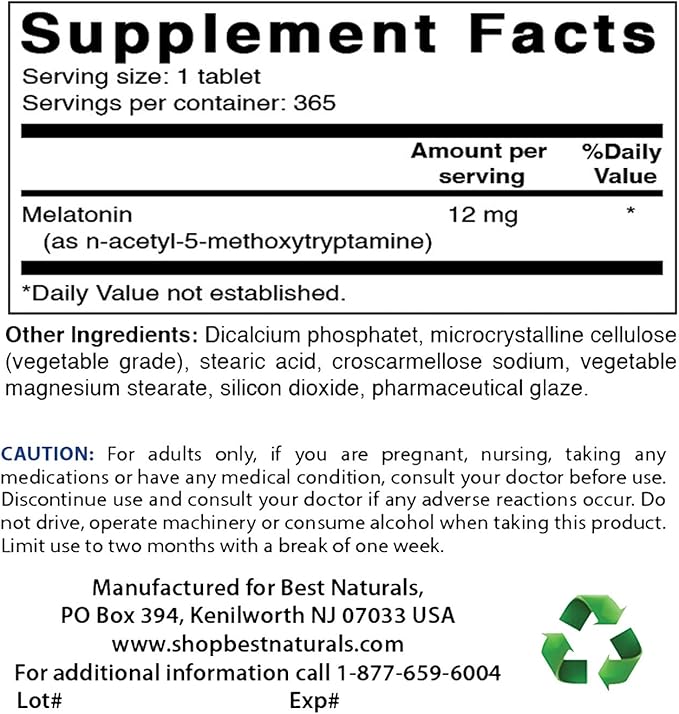 Best Naturals Melatonin 12 mg (1 Year Supply) - Drug-Free Nighttime Sleep Aid - Melatonin for Sleep and Relaxation, 365 Count (365 Count (Pack of 1))