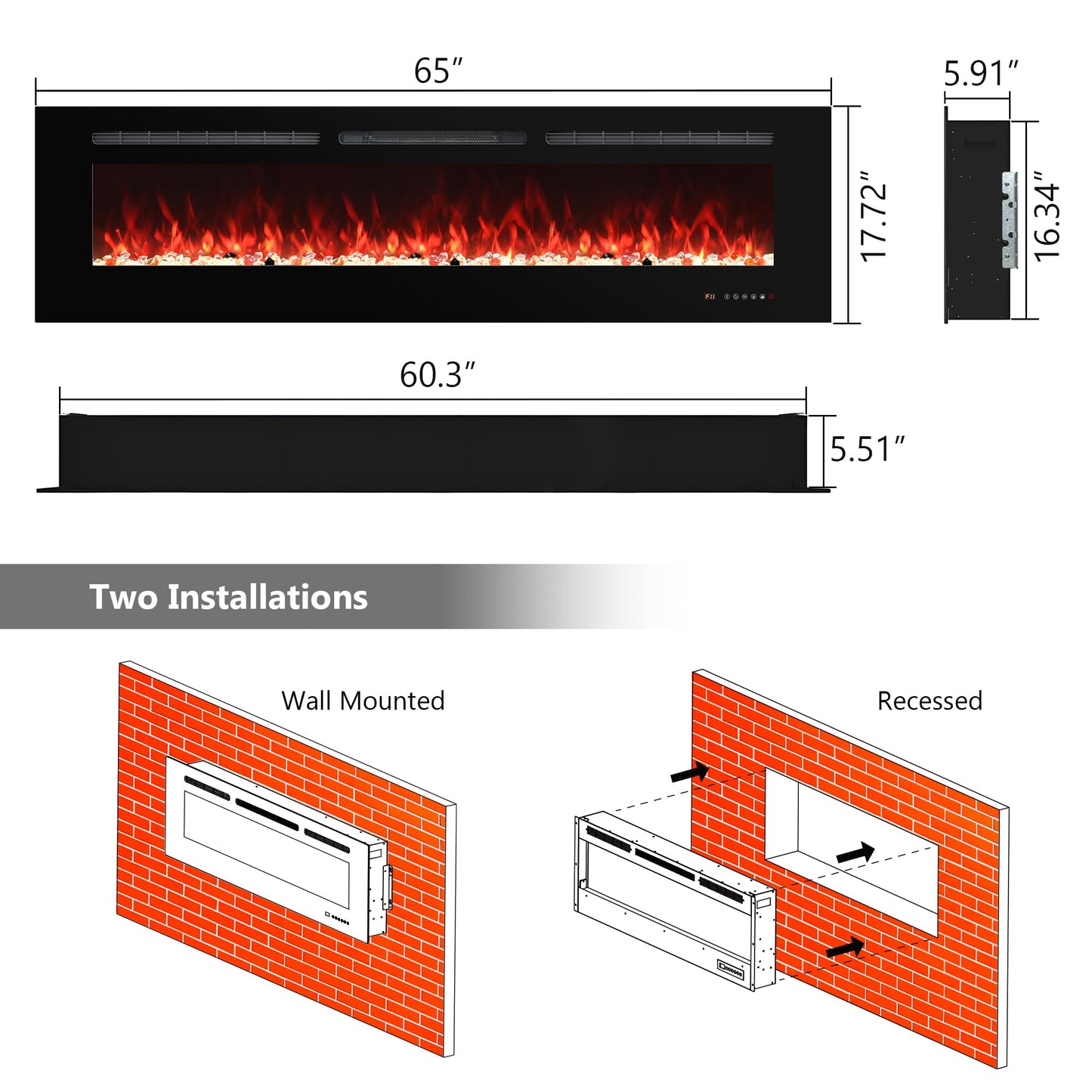 Carsynflame Electric Fireplace 65 in, Wall Mounted & Recessed Electric Fireplace Inserts, Remote & Touch Screen Control, 169 Flame Color Combinations, Timer& Thermostat Fireplace Heater, 1500W, Black