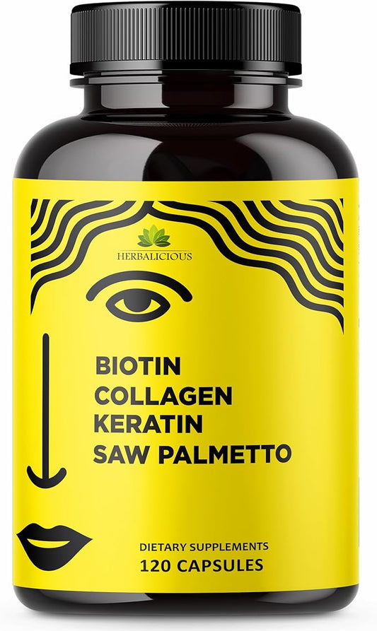 Biotin Vitamins with Collagen, Keratin & Saw Palmetto for Women and Men - Biotin 10000 mcg Hair Skin Nails Supplement for Hair, Skin, and Nails Wellness - Made in USA, 120 Capsules