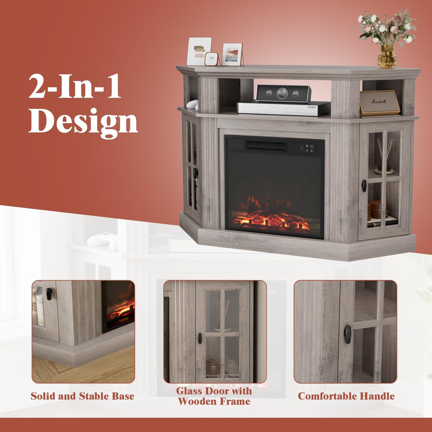 Furmax Fireplace Corner TV Stand for TV Up to 55 Inch, Modern TV Console with 18 Inch Electric Fireplace, Entertainment Center with Open Shelf and Storage Cabinets for Living Room, Rustic Oak