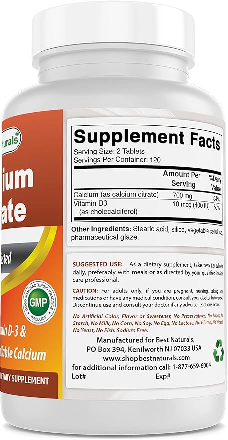 Best Naturals Calcium Citrate with Vitamin D-3 240 Tablets (240 Count (Pack of 3))