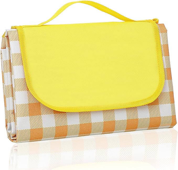 QWXNRG Outdoor Picnic Blanket, Foldable Waterproof Sand Mat, Extra Large Picnic Blanket 60" x 80" for Beach Camping Hiking Travel Outdoor Family Concerts - Yellow Striped