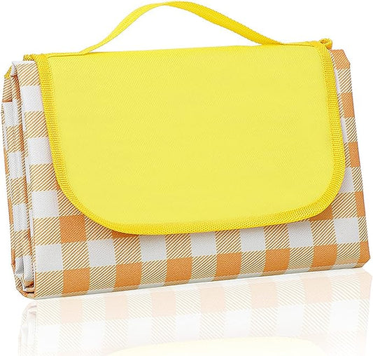 QWXNRG Outdoor Picnic Blanket, Foldable Waterproof Sand Mat, Extra Large Picnic Blanket 60" x 80" for Beach Camping Hiking Travel Outdoor Family Concerts - Yellow Striped