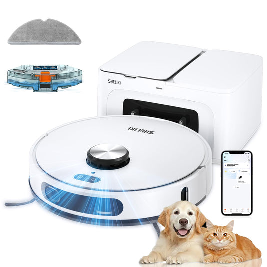 SHELIKI Robot Vacuum and Mop, 3-in-1 Robotic Vacuums Cleaner with LiDAR Navigation Smart Mapping & Max Strong 6000Pa Suction, Self Emptying Bases for 70 Days-White