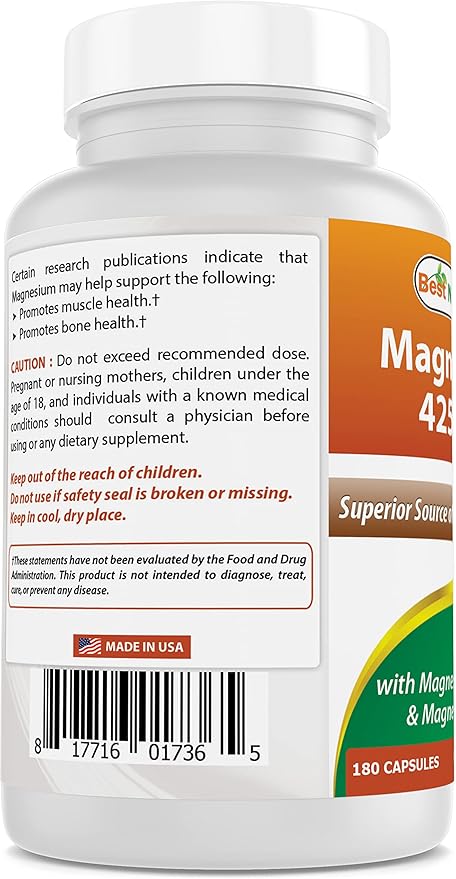 Best Naturals Magnesium 425 mg 180 Veggie Capsules - High Absorption Magnesium Glycinate & Magnesium Oxide Chelated, Non-GMO, Gluten Free Muscle Relax (180 Count (Pack of 3))
