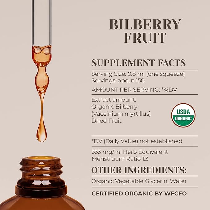Bilberry Fruit USDA Organic Alcohol-Free Extract | Dietary Supplement, High-Potency Tincture | Made from Bilberry (Vaccinium Myrtillus) Dried Fruit 4 oz