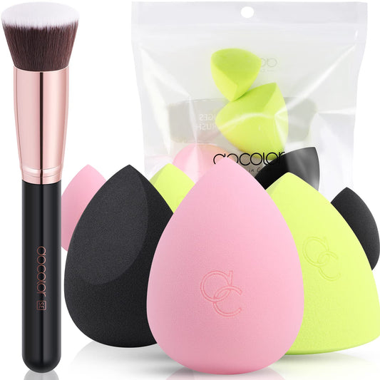 Docolor 6+1Pcs Makeup Sponges With Foundation Brush, Foundation Blending Beauty Sponge & Flat Top Kabuki Brush For Liquid,Cream,