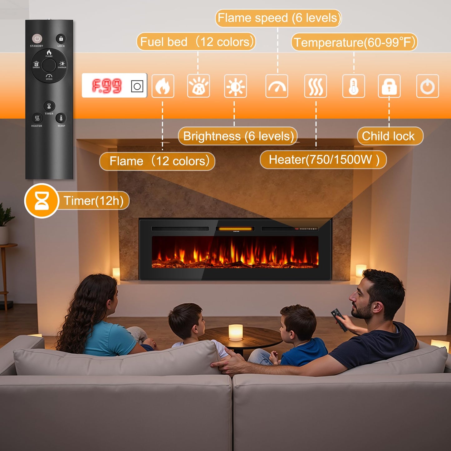 60 Inch Electric Fireplace in-Wall Recessed and Wall Mounted, Ultra-Thin Linear Fireplace Heater 750/1500W with Realistic Flame, Higher Temperatures & Lower Noise, Log Set & Crystal Options