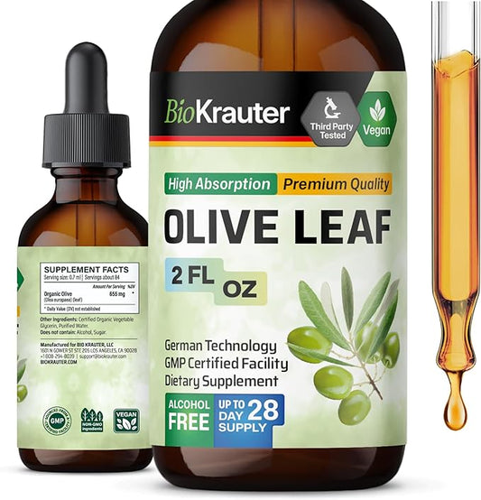 BIO KRAUTER Olive Leaf Extract Liquid - Olive Leaf Tincture for Immune Support - Alcohol and Sugar Free - Vegan Drops 2 Fl.Oz.