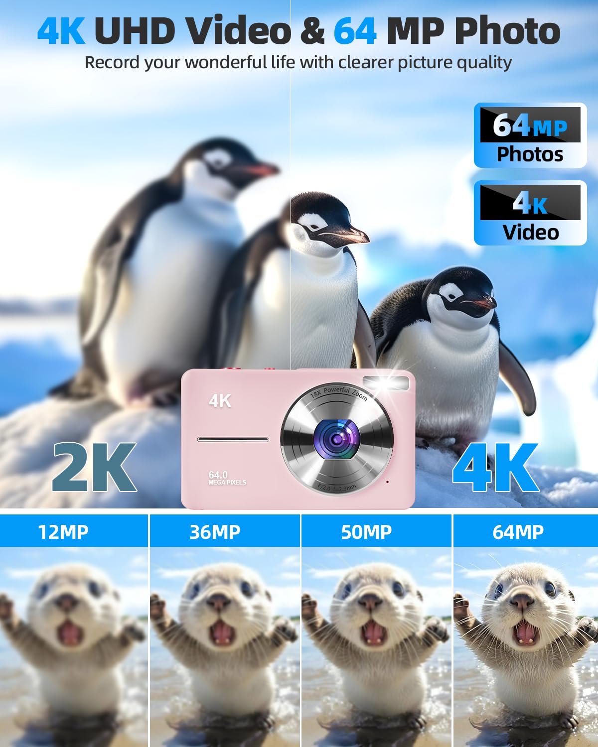 4K Digital Camera for Photography, Autofocus 64MP Vlogging Camera, 32GB TF Card, 2.8'' LED Screen, 18X Zoom, Anti-Shake, Portable YouTube Point and Shoot Digital Cameras for Kids Teens Adult Beginner