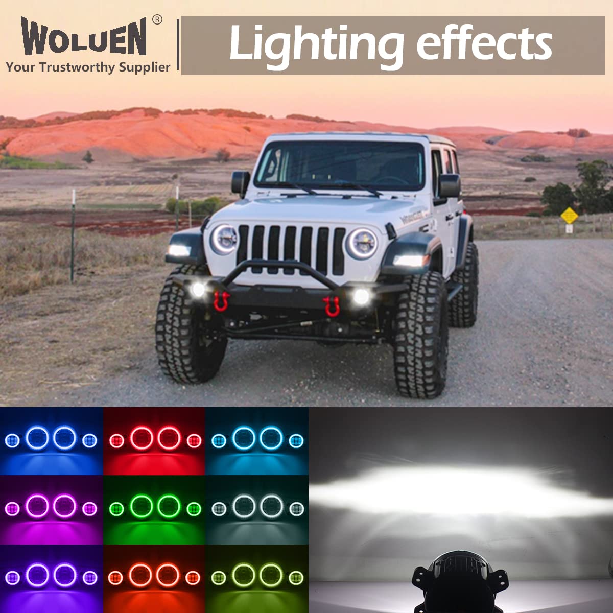 WOLUEN For Je ep JL RGBW Halo Headlights and Fog Lights Combo - Super Bright 9 Inch LED RGB Halo Headlights, 4 inch RGB Fogs For 2018-2023+ Wrangler JL Sahara Rubicon 2020-2023+ Gladiator JT