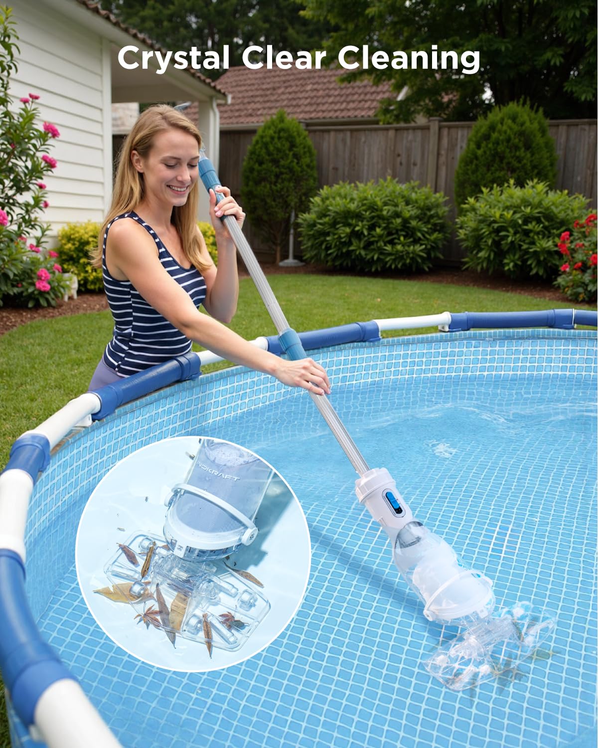 InoKraft Cordless Pool Vacuum Cleaner, Rechargeable, Handheld Pool Vacuum for Above Ground and Inground Pools, Transparent Head, 59” Extendable Pole, for Leaves, Debris, Shallow Steps, Blue