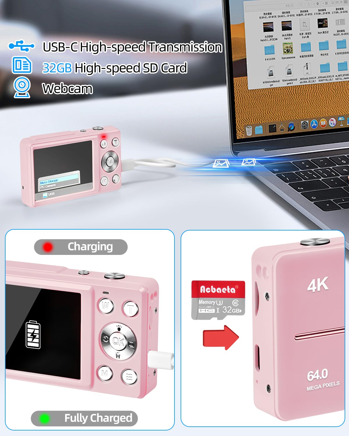 4K Digital Camera for Photography, Autofocus 64MP Vlogging Camera, 32GB TF Card, 2.8'' LED Screen, 18X Zoom, Anti-Shake, Portable YouTube Point and Shoot Digital Cameras for Kids Teens Adult Beginner