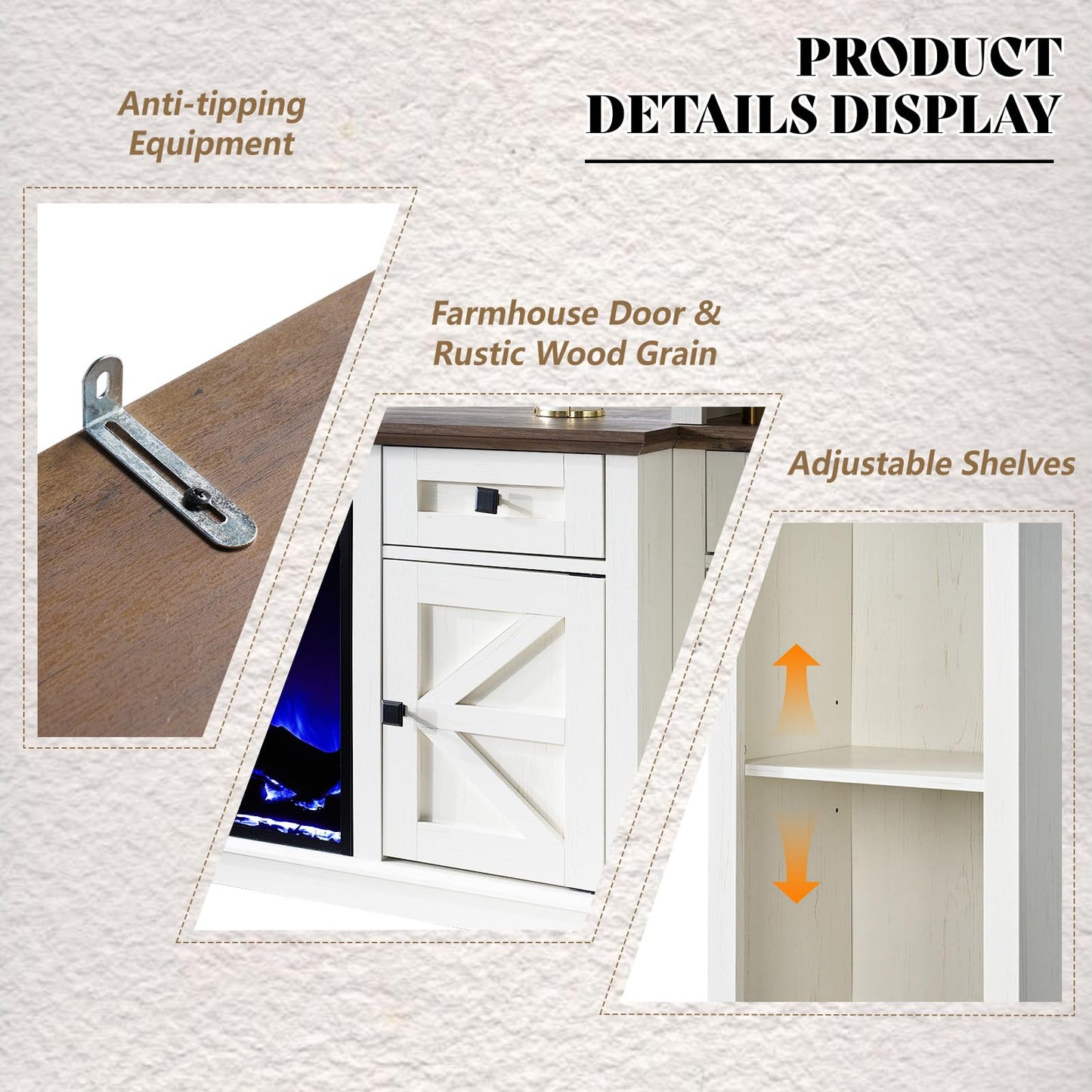 AMERLIFE 98in Farmhouse Entertainment Center with 36" Fireplace, TV Stand, Bookshelf, Wine Cabinet, Fits 78" TVs, Wall Unit Media Console with Power Outlets & Barn Doors, Living Room, Off-White