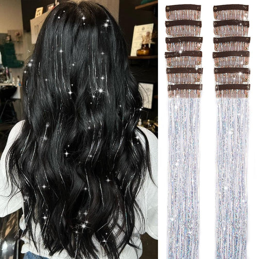Hair Tinsel Pack of 12 Pcs Clip in Hair Tinsel Kit, 20 Inch Glitter Silver Tinsel Hair Extensions, Festival Tinsel Fairy Hair Party Dazzle Hair Accessories Strands Kit (20 Inch 12Pcs,Silver#)