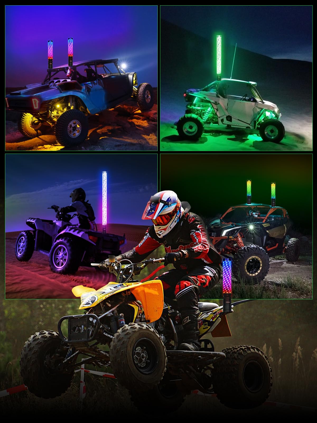 VI9000 2 Pack 2FT Fat Whip Lights, LED Whip Lights with App & Remote Control, Spiral RGB Chasing Lighted Antenna Whips with Rocker Switch, Music Whip Light for SXS UTV ATV RZRCan-Am X3 Off-Road
