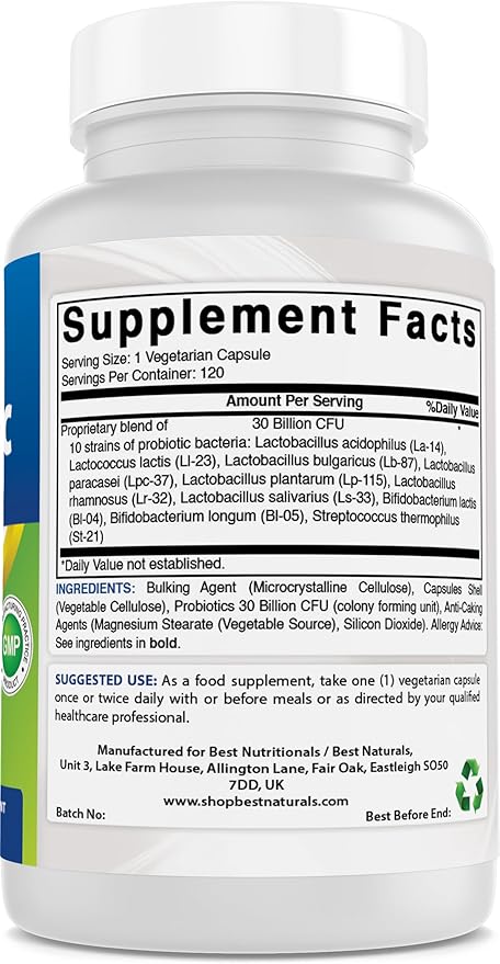 Best Naturals Probiotic 10 Strains & 30 Billion CFU Intestinal Flora, 120 Veggie Capsules - Shelf Stable probiotic (4146365)