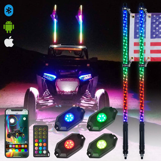 OHMU 2Pcs 3FT Led Whips and 3rd-Gen Rocks Lights Combo Bluetooth and Remote Control,Upgraded Higher Brightness 360° Spiral RGB Chasing Lighted Antenna Whips and Neon Pods