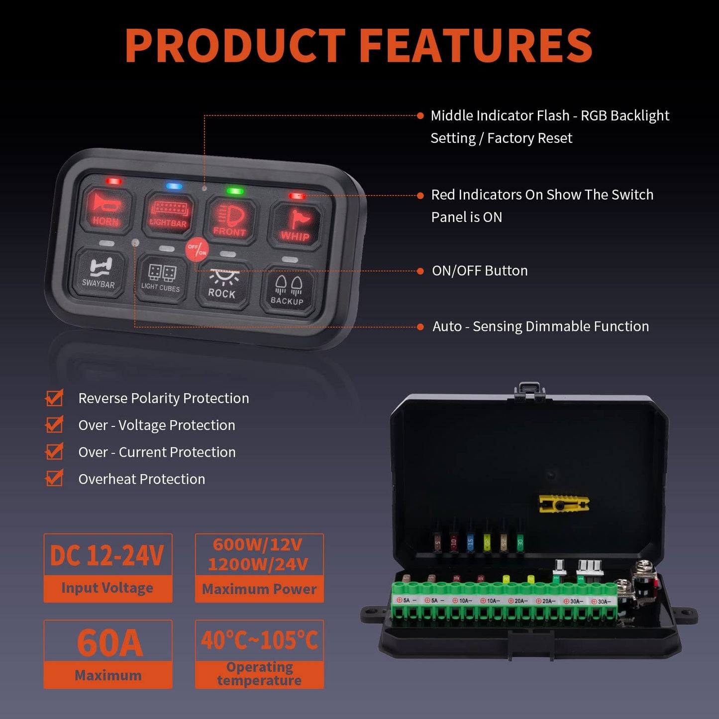 YCHOW-TECH RGB 8 Gang Switch Panel with 3 Lighting Modes Switch Pod Dimmable Function Toggle Momentary Pulsed Bluetooth Switch Circuit Control Relay System Box for Truck SUV Offroad Marine