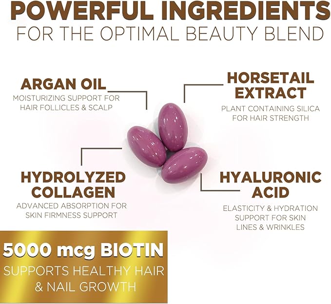 Hair Vitamins Women, Ultra Strength 5000mcg Biotin, Collagen, PABA & More - Womens Hair Growth, Skin, Nails & Keratin Support Supplement, Infused w/ Argan Oil & Hyaluronic Acid, Non-GMO - 60 Softgels