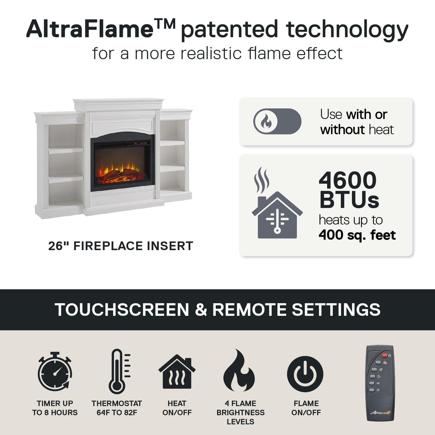 Ameriwood Home Lamont 69 Inch Electric Fireplace with Mantel, Shelves, Replaceable Fireplace Insert Heater, Remote Control, Timer, Realistic Log and Flame Effect, For Living Room or Bedroom, White