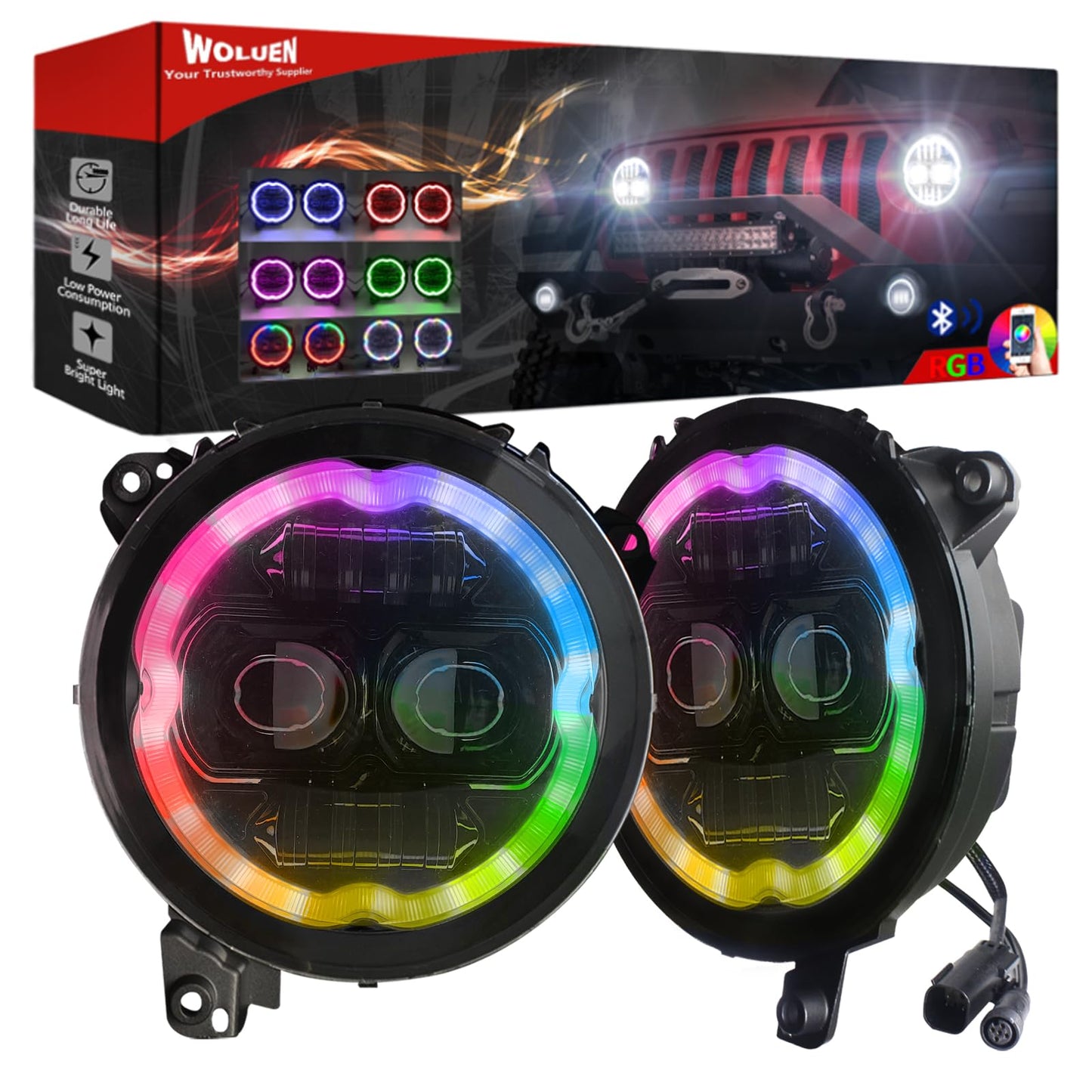 Woluen 9 Inch LED Headlights with Chasing RGB Halos - Fit for 2018+ Wrangler JL and 2020+ Gladiator JT Headlight Replacement with APP Controlled Chasing RGB Halos