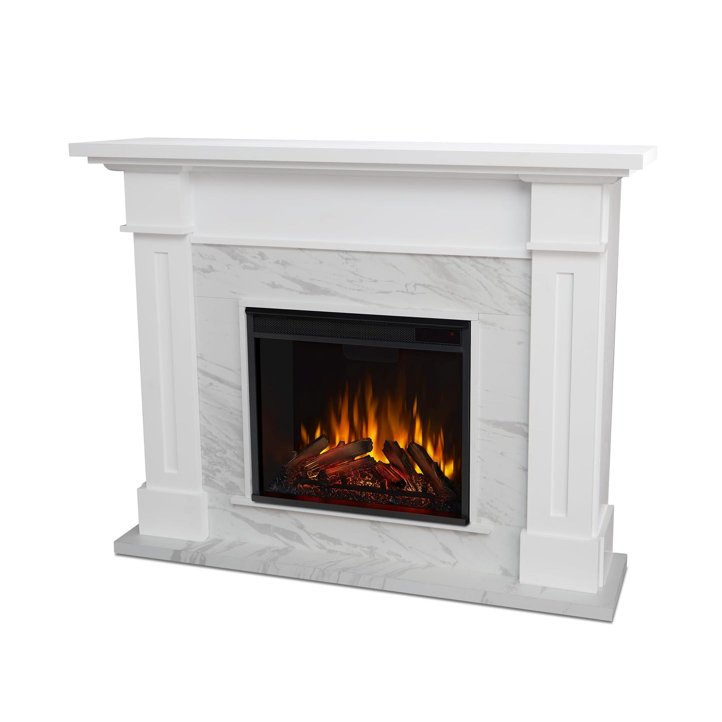 Real Flame Kipling 54" Electric Fireplace with Mantel for Living Room or Bedroom, Replaceable Fireplace Insert Heater, Realistic Log and Flame Effect, Remote Control, Timer, White with Faux Marble