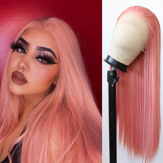 BTWTRY Light Pink Wig Long Straight Rose Pink Synthetic Lace Front Wigs Pre Plucked Natural Hairline for Black Women Heat Resistant Fiber Hair Cosplay Daily Wear Wig (Rose Pink)