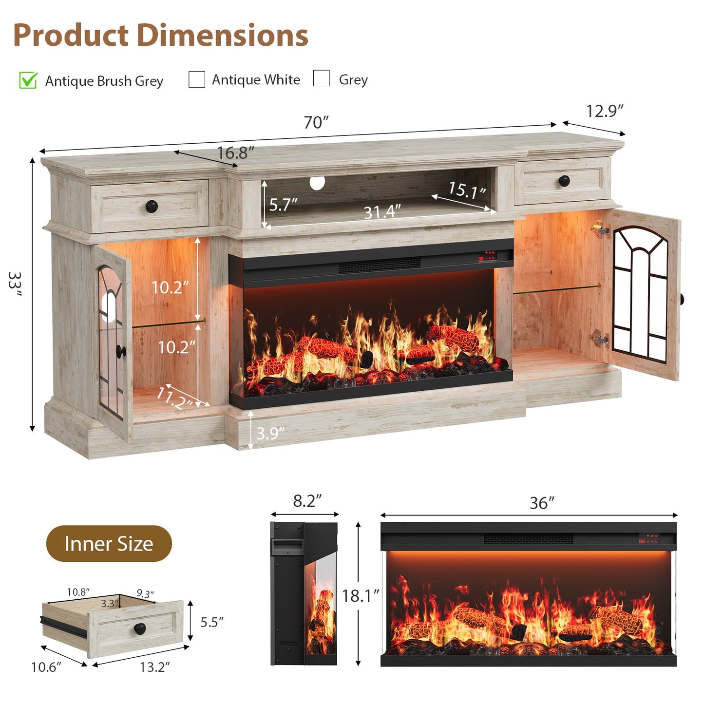 QUW 70" Farmhouse Fireplace TV Stand for TVs up to 80", Entertainment Center with 36" 3-Side Glass Electric Fireplace with Open Shelf and Cabinet, TV Console for Living Room, Antique Brush Grey