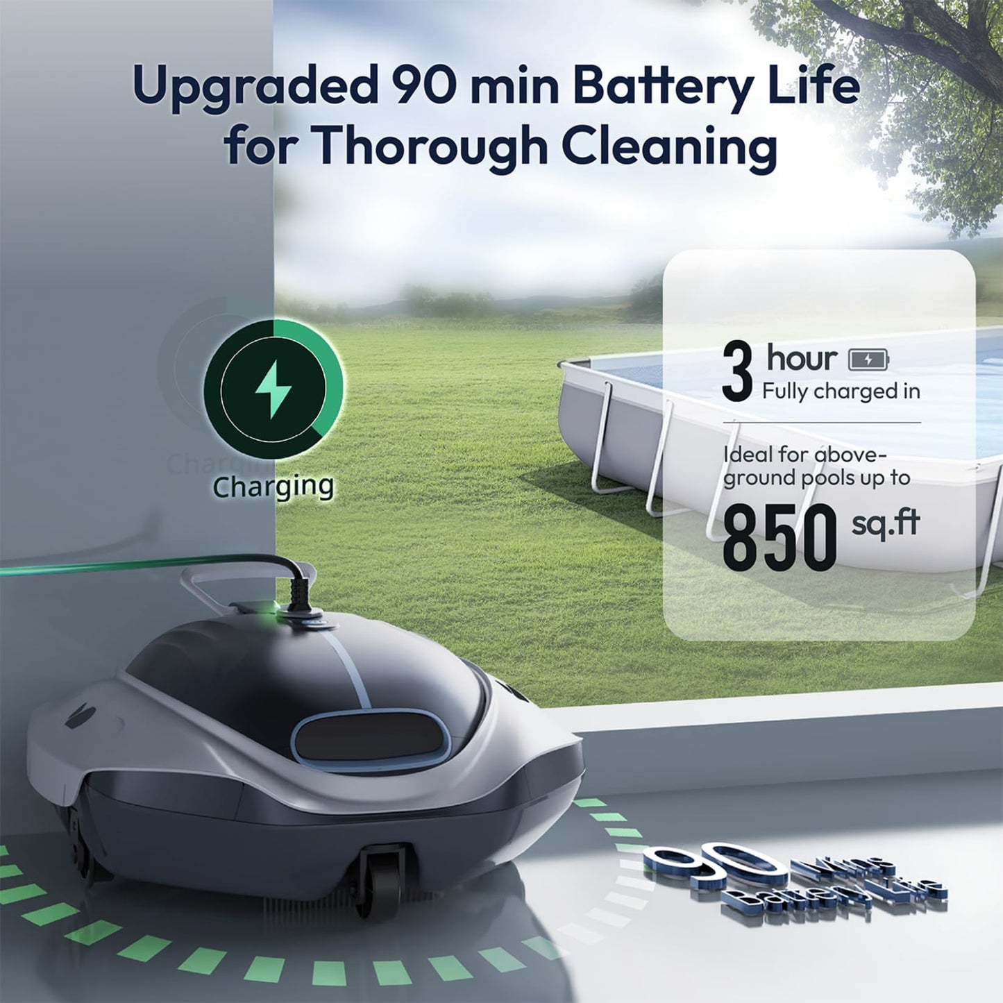 BUBLUE Bubot 300P Robotic Pool Cleaner, Cordless Pool Vacuum with Industry Leading Suction Power, Bluehole Tech, DirtLock Tech, Smart Sensor for Above-Ground Flat Pools up to 850 Sq.Ft, Silver