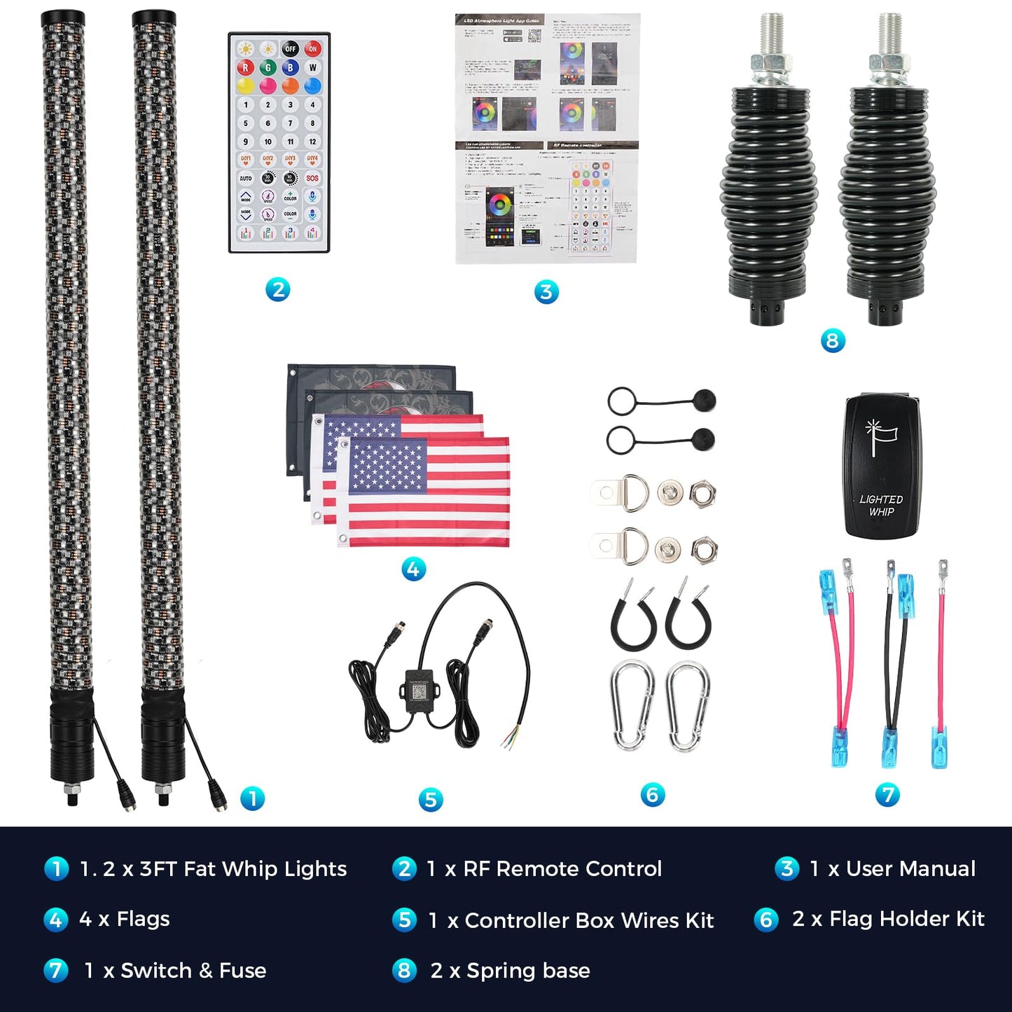 STARKMAN (2 Pack) 3FT Fat Whip Lights, Music LED Whip Lights with App & Remote Control, Spiral RGB Chase Light Up Antenna Whip with Rocker Switch, for SXS ATV UTV RZR Can-am X3 Off-Road