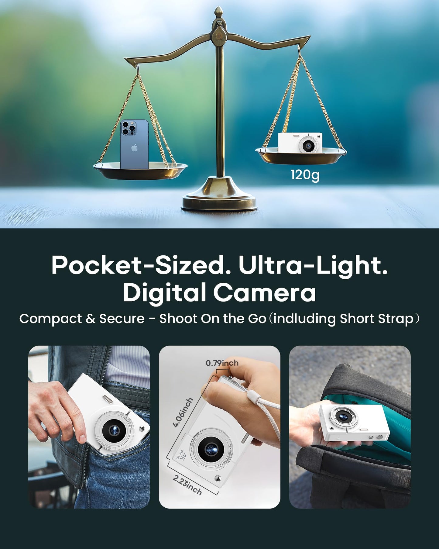 Digital Camera, 4K Vlogging Camera with Autofocus, 64MP, 16X Zoom, 64GB Card Included, Built-in Battery, Compact Digital Camera for Teens Adult Beginners, Ideal for Travel & YouTube - White