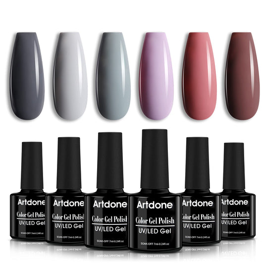 Artdone Gel Nail Polish Set - 6 Colors Nude Grey Peach Dark Red Colors Nail Polish For All Seasons Neutral Soak Off LED Lamp Cured Manicure Kit For Nail Art