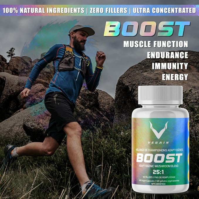 Boost Adaptogenic Mushroom Blend | 60 Servings, High Potency 25:1 Extract | Maitake, Shiitake, Reishi, Cordyceps, Lion's Mane - Supports Stress Reduction, Enhanced Endurance & Energy - 60 Vegan Caps