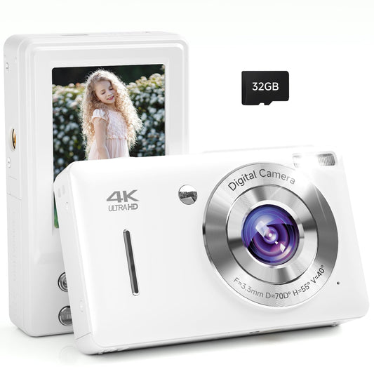 Digital Camera, 44MP FHD 1080P Camera for Kid with 16X Zoom Anti Shake, Compact Small Camera with 32GB SD Card, Digital Camera for Teens for Teens Girls Kids Adults(White)