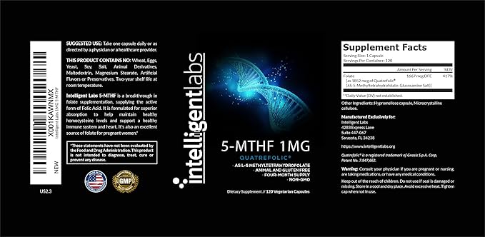 Intelligent Labs 1MG 5-MTHF Methylfolate, 120 Capsules, 120 Days Supply, Best Value Folic Acid Supplement as Quatrefolic, Activated Folate, 1MG = 1000mcg, 5 methyltetrahydrofolate