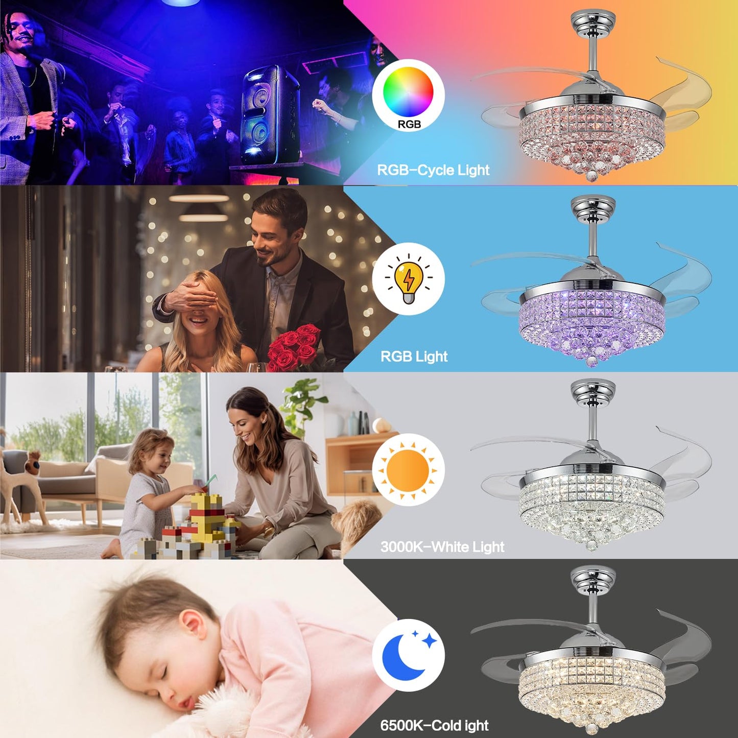 Zynfandor 42” Bluetooth Ceiling Fan with Light and Speaker,RGB Retractable Blades Crystal Fandelier Music Player LED Chandelier 6-Speed APP Control Timer Remote Control for Bedroom Silver