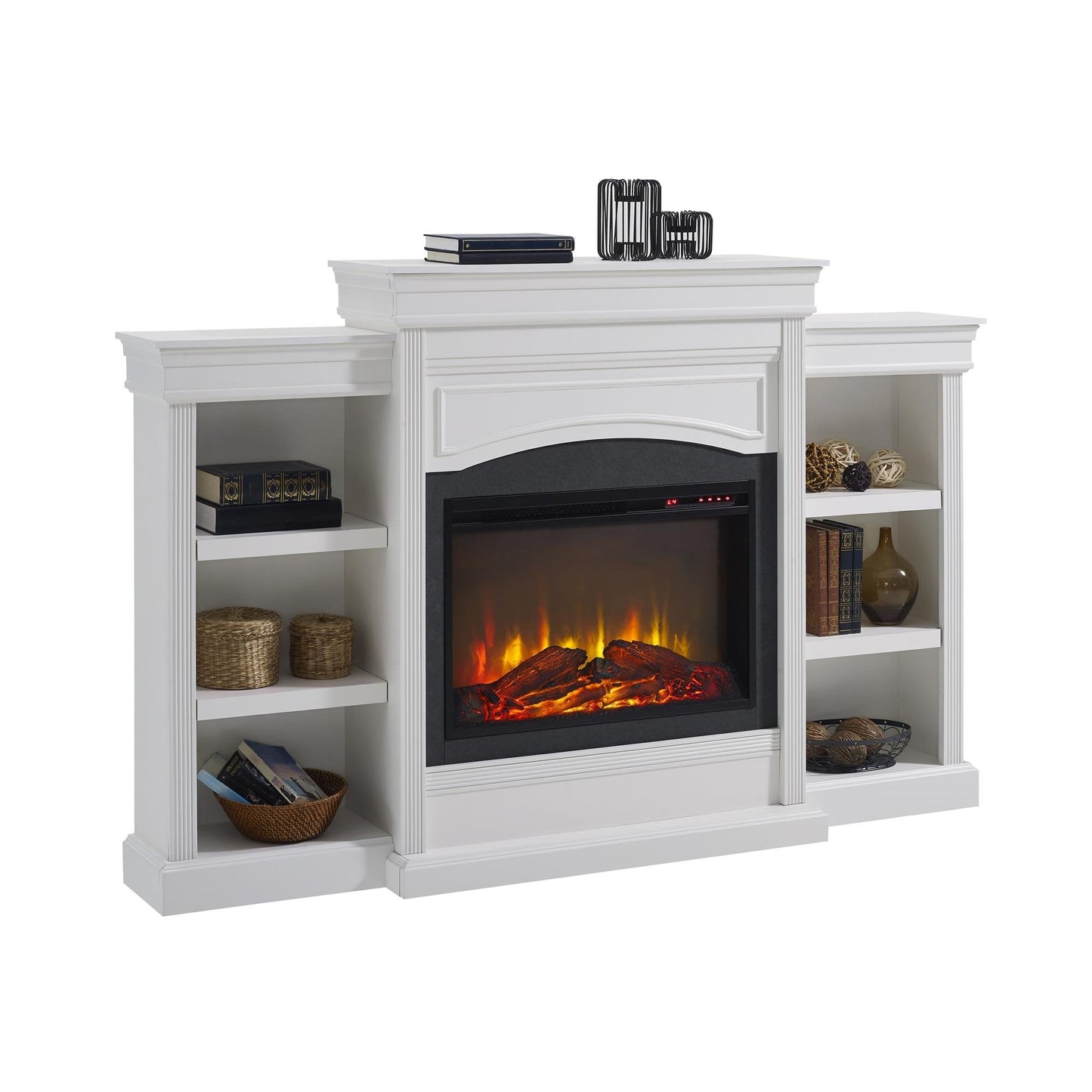 Ameriwood Home Lamont 69 Inch Electric Fireplace with Mantel, Shelves, Replaceable Fireplace Insert Heater, Remote Control, Timer, Realistic Log and Flame Effect, For Living Room or Bedroom, White