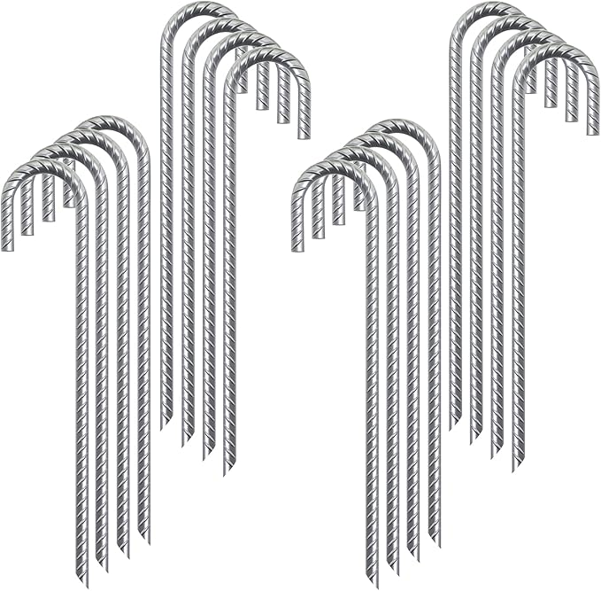Rebar Stakes 12 Inch 16 Pack Tent Stakes Heavy Duty Metal J Hook, Fence Stakes for Trampoline, Fence, Camping Tent (16, 12")