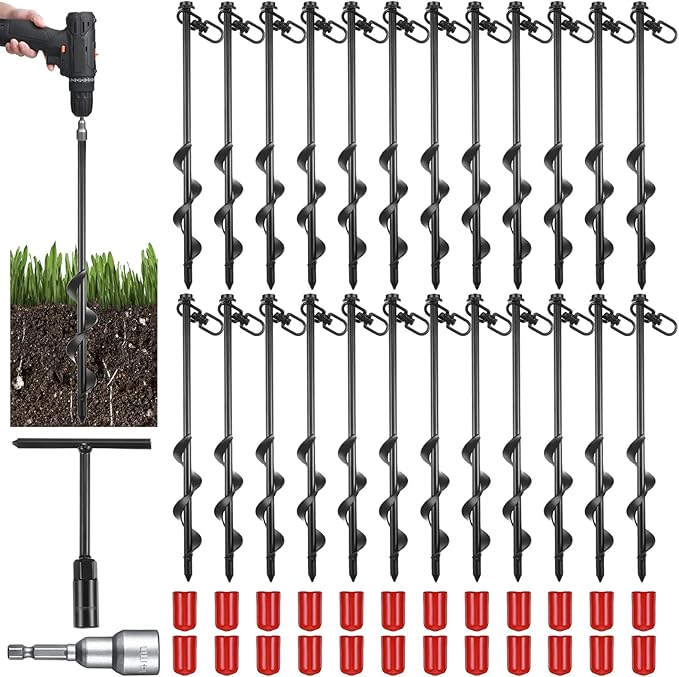 Reginary 12 Inch Tent Stakes Heavy Duty Screw in Ground Anchors High Wind Camping Stakes for Trampoline Canopy Carport Sheds Anchor Beach Sand Stakes Metal Swing Set(Black,24 Pcs)