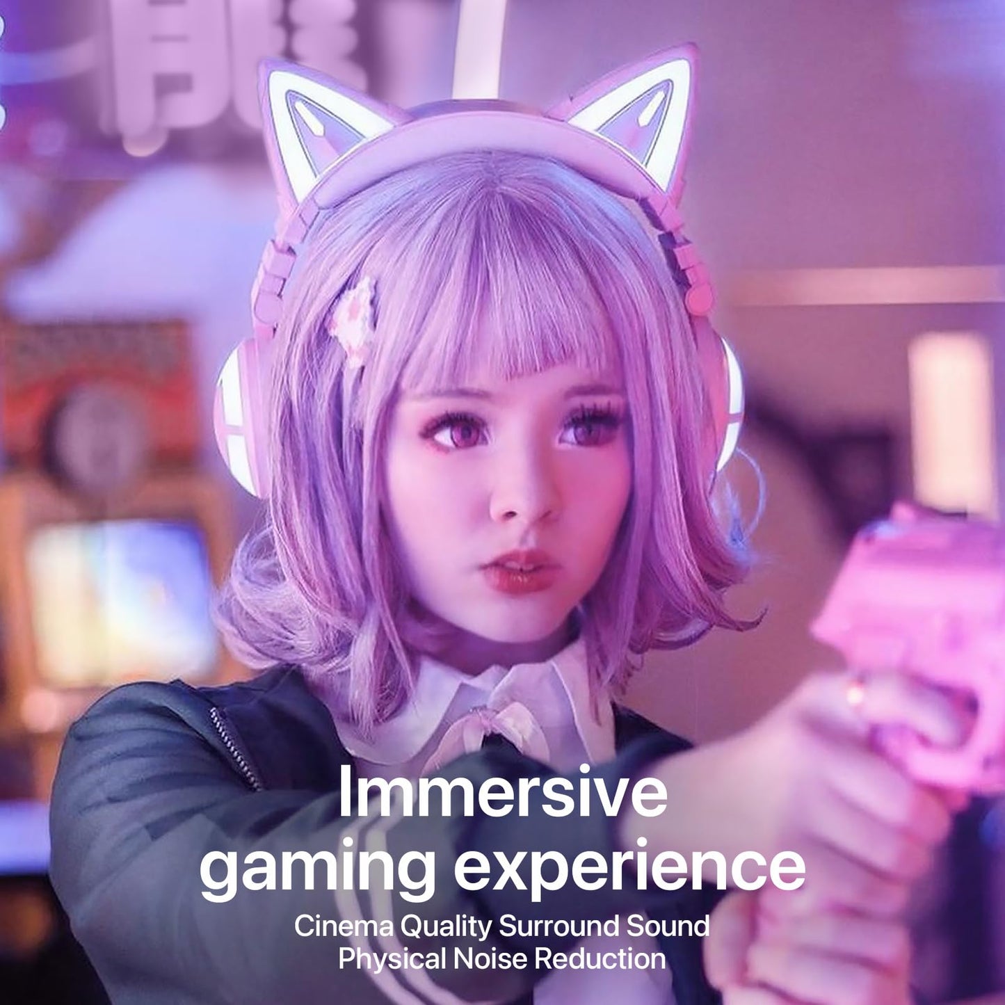 YOWU Cat Ear Headphones 3G, Headphones Over Ear, RGB Wireless/Wired 5.0 Foldable Gaming Headset with 7.1 Surround Sound, Built-in Mic & Customizable Lighting and Effect via APP(Pink)