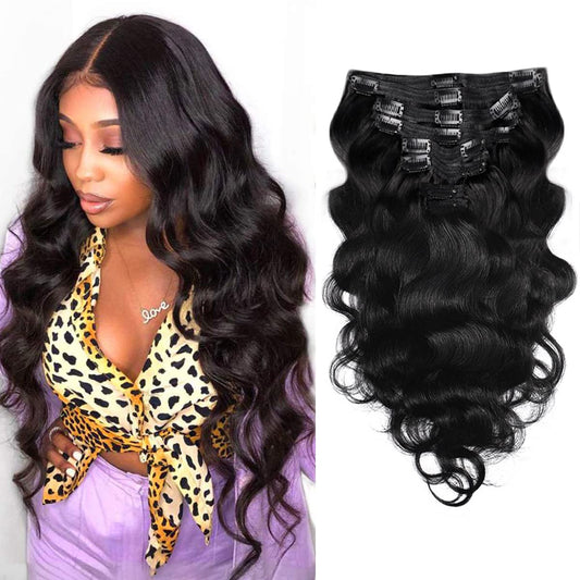 28Inch Clip in Hair Extensions Real Human Hair Body Wave 8Pcs Brazilian Human Hair Clip in Extensions with 18Clips Double Lace Weft 120g #1B Natural Black