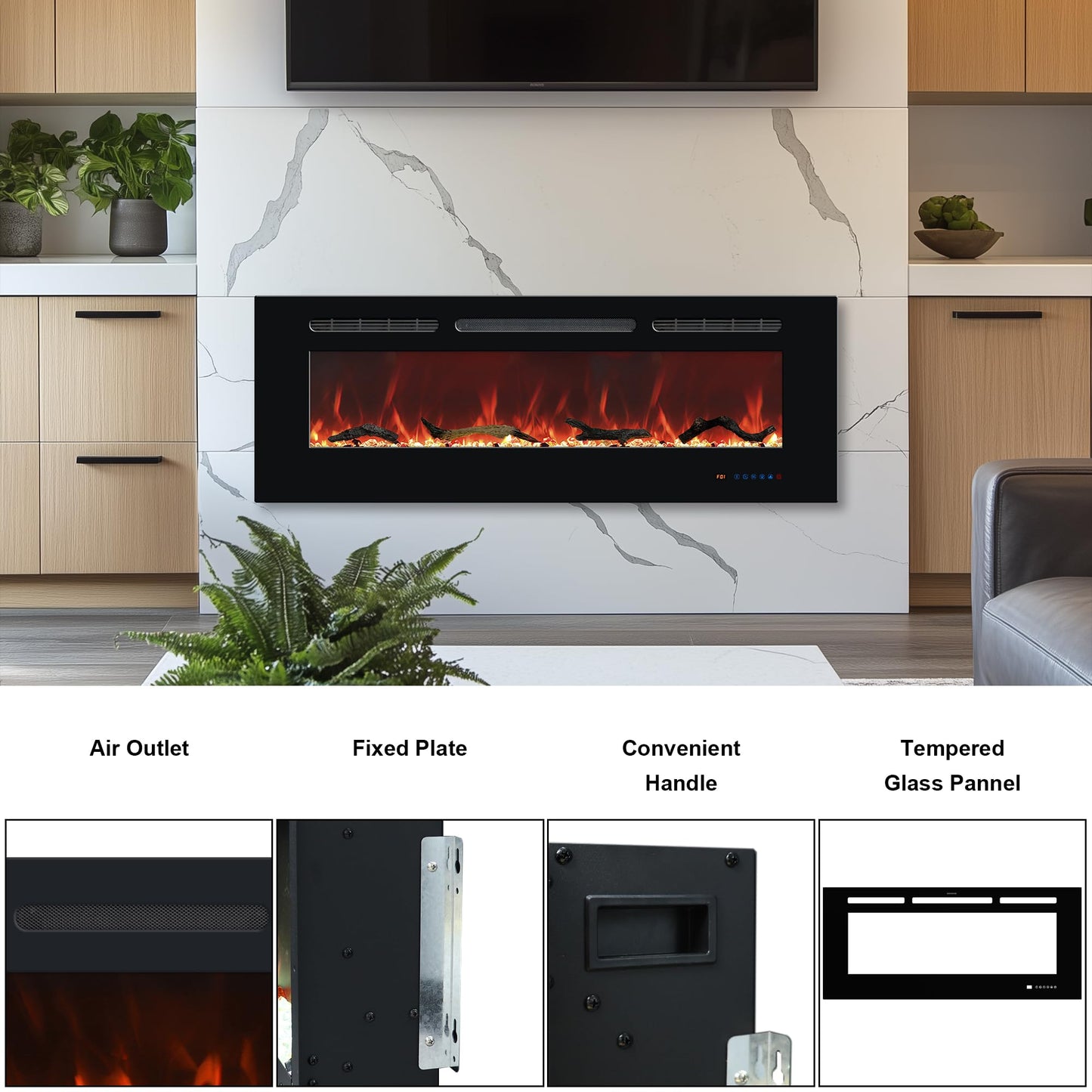 Carsynflame Electric Fireplace 65 in, Wall Mounted & Recessed Electric Fireplace Inserts, Remote & Touch Screen Control, 169 Flame Color Combinations, Timer& Thermostat Fireplace Heater, 1500W, Black