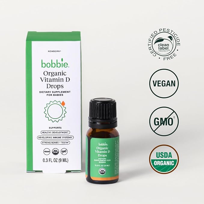 Bobbie Organic Baby Vitamin D Drops, Daily Liquid Supplement to Support Development, Immune Health and Strong Teeth and Bones* in Newborn Babies and Infants, Vegan, Infant Vitamin D, 400 IU, 0.3 fl oz